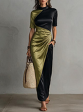 Olive And Black Color-Block Satin Maxi Dress