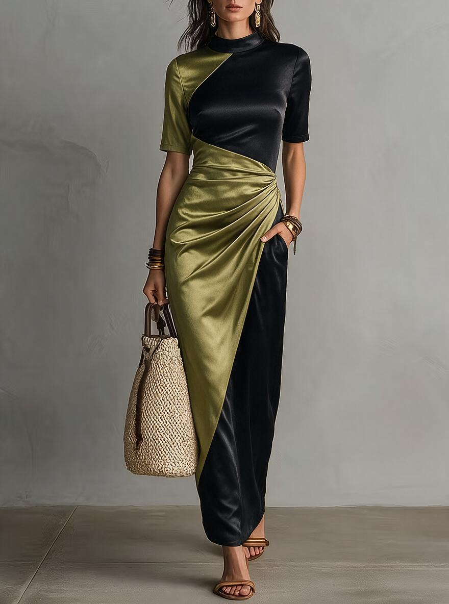 Olive And Black Color-Block Satin Maxi Dress