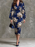 Navy Floral Print Wrap Midi Dress