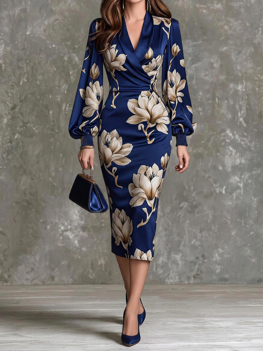 Navy Floral Print Wrap Midi Dress