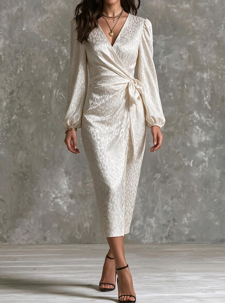 Cream Leopard Print Wrap Tie Midi Dress