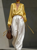 Yellow Satin Blouse And White Wide-Leg Trousers Set