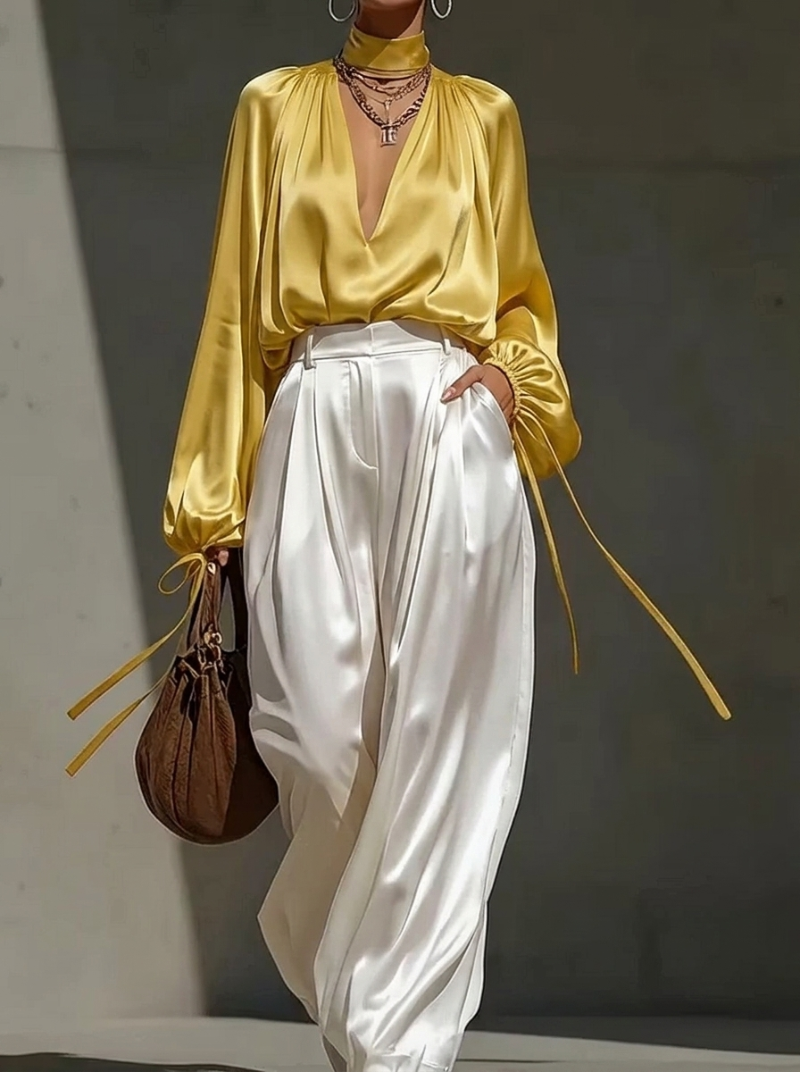 Yellow Satin Blouse And White Wide-Leg Trousers Set