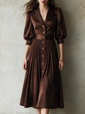 Chocolate Satin Pleated Button-Front Midi Dress