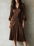 Chocolate Brown Ruched Button-Front Midi Dress