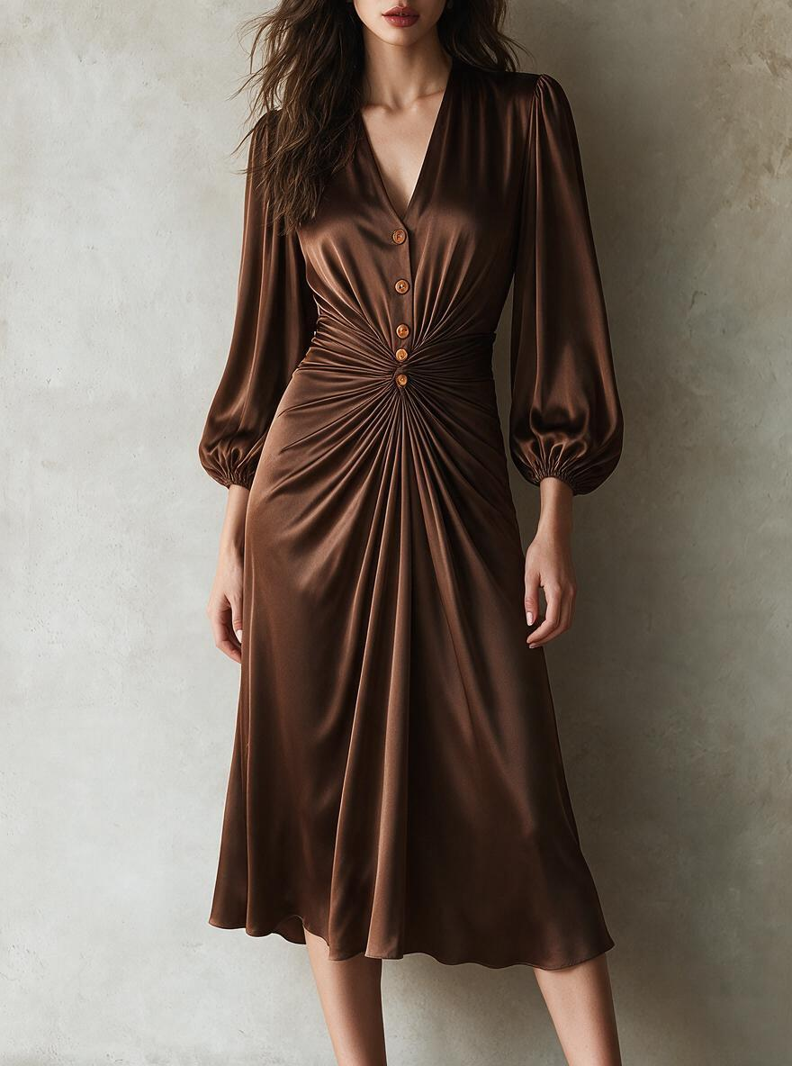 Chocolate Brown Ruched Button-Front Midi Dress