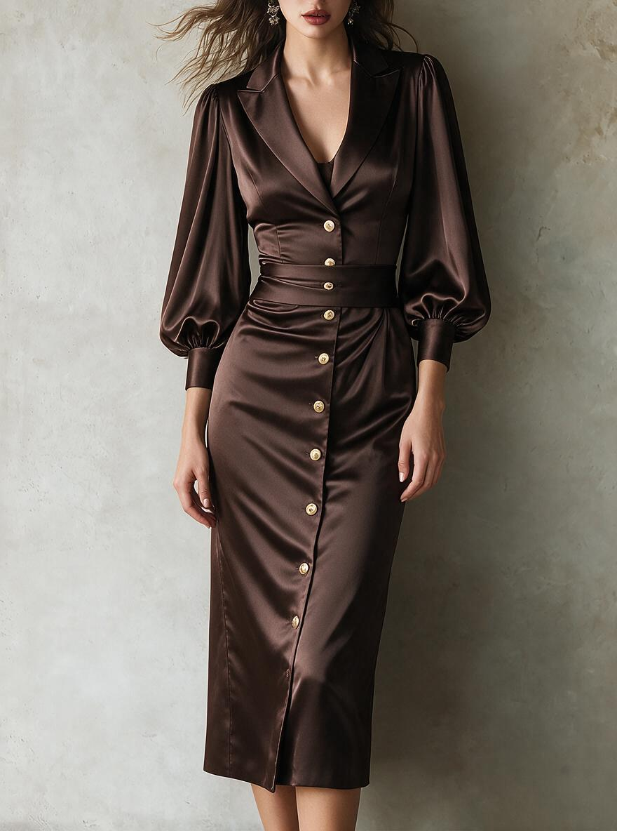 Chocolate Satin Button-Down Midi Dress