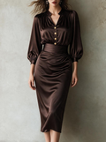 Chocolate Satin Collared Button-Front Midi Dress