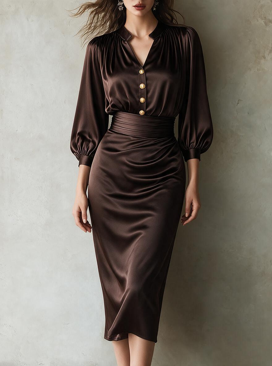 Chocolate Satin Collared Button-Front Midi Dress