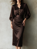 Chocolate Satin Ruched Collared Midi Dress