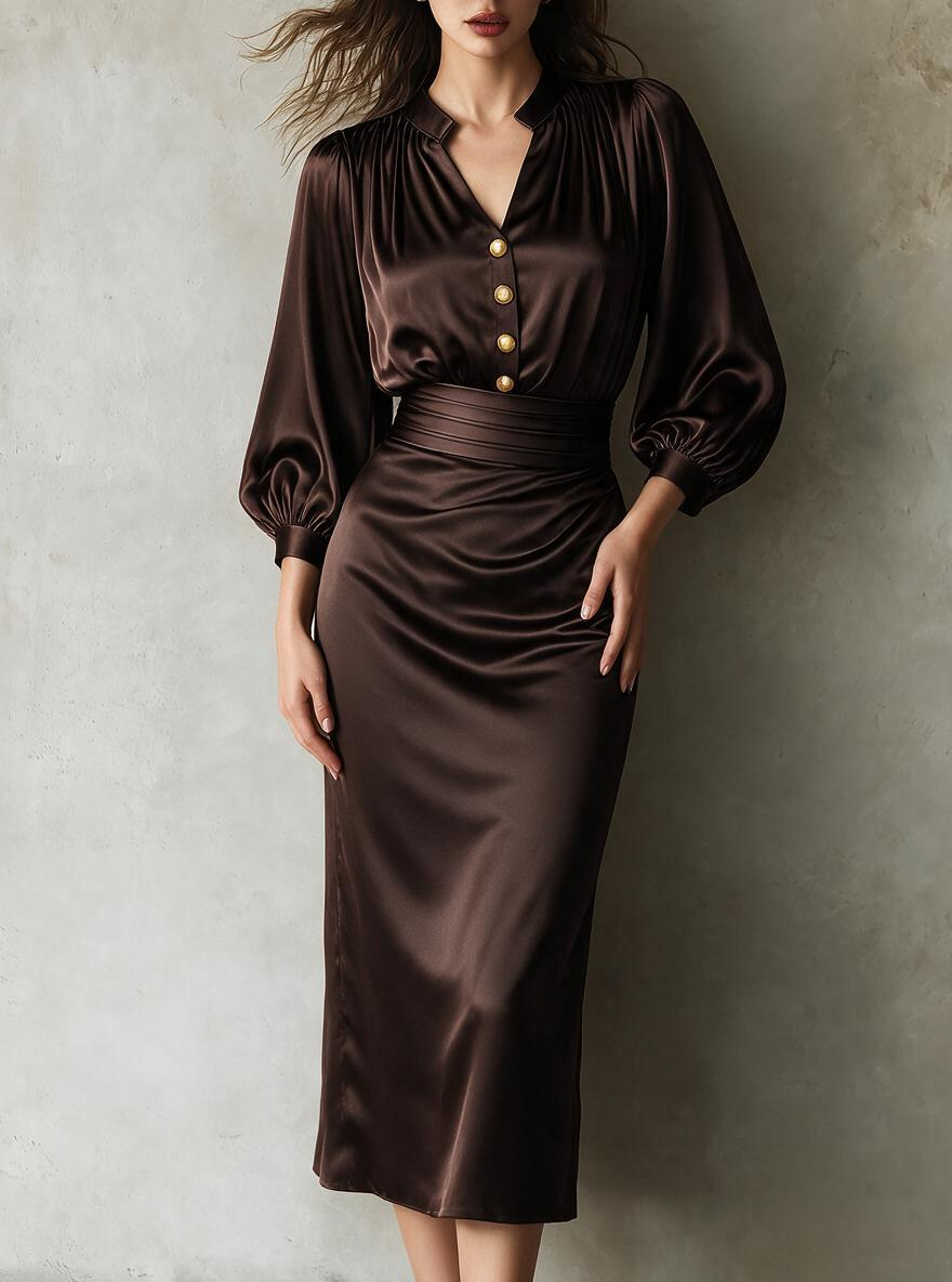 Chocolate Satin Ruched Collared Midi Dress