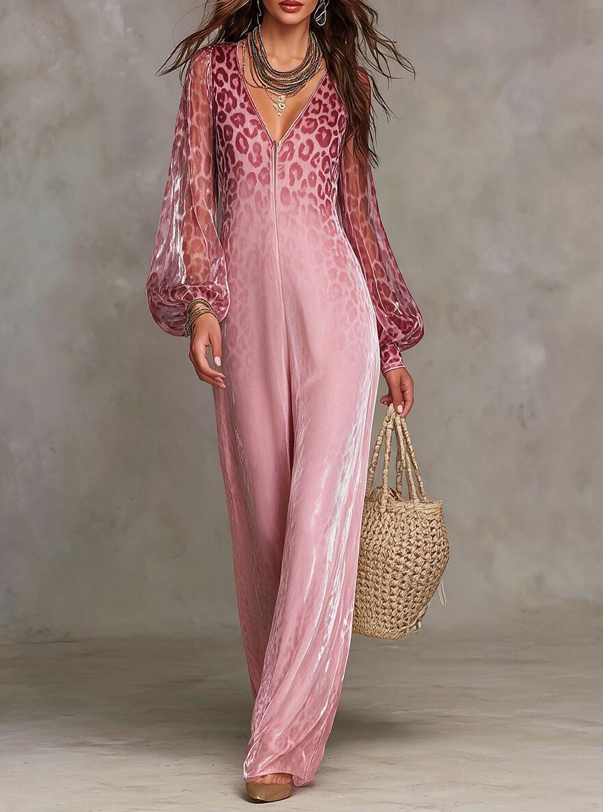 Pink Leopard Velvet Balloon Sleeve Jumpsuit