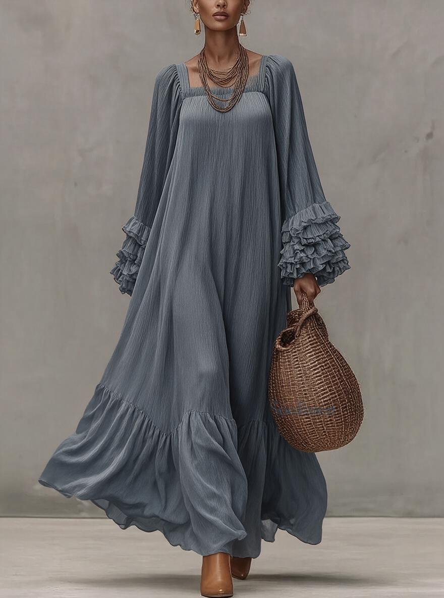 Dusty Blue Square Neck Tiered Ruffle Maxi Dress