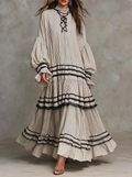 Beige Stripe Lace-Up Tiered Maxi Dress