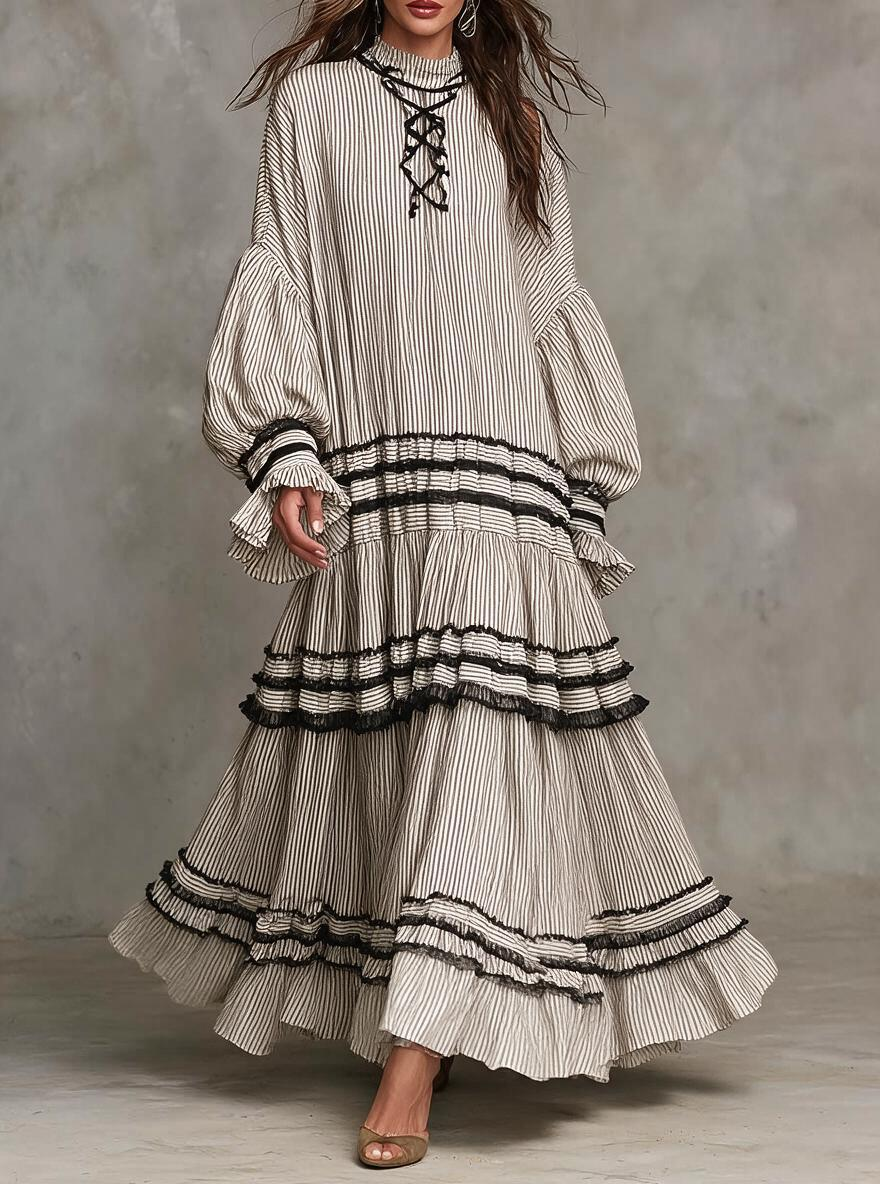 Beige Stripe Lace-Up Tiered Maxi Dress