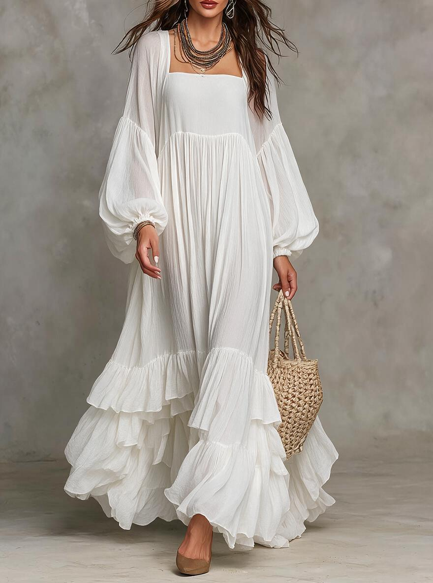 White Square Neck Tiered Ruffle Maxi Dress