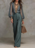 Sage Green Sheer Lace Blouse And Trousers Set