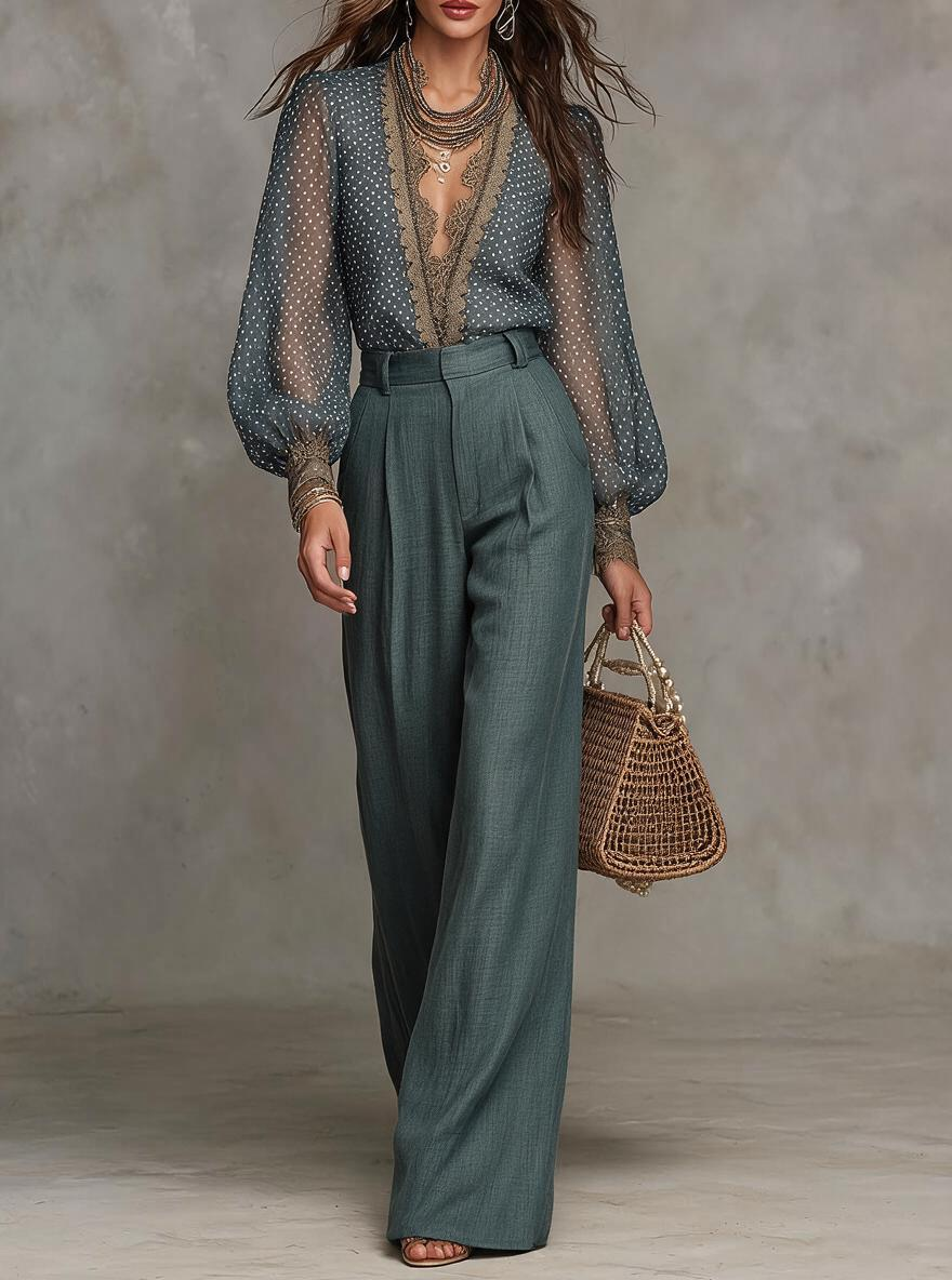 Sage Green Sheer Lace Blouse And Trousers Set
