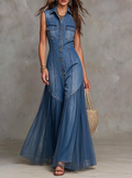 Denim Sleeveless Sheer Panel Wide-Leg Jumpsuit