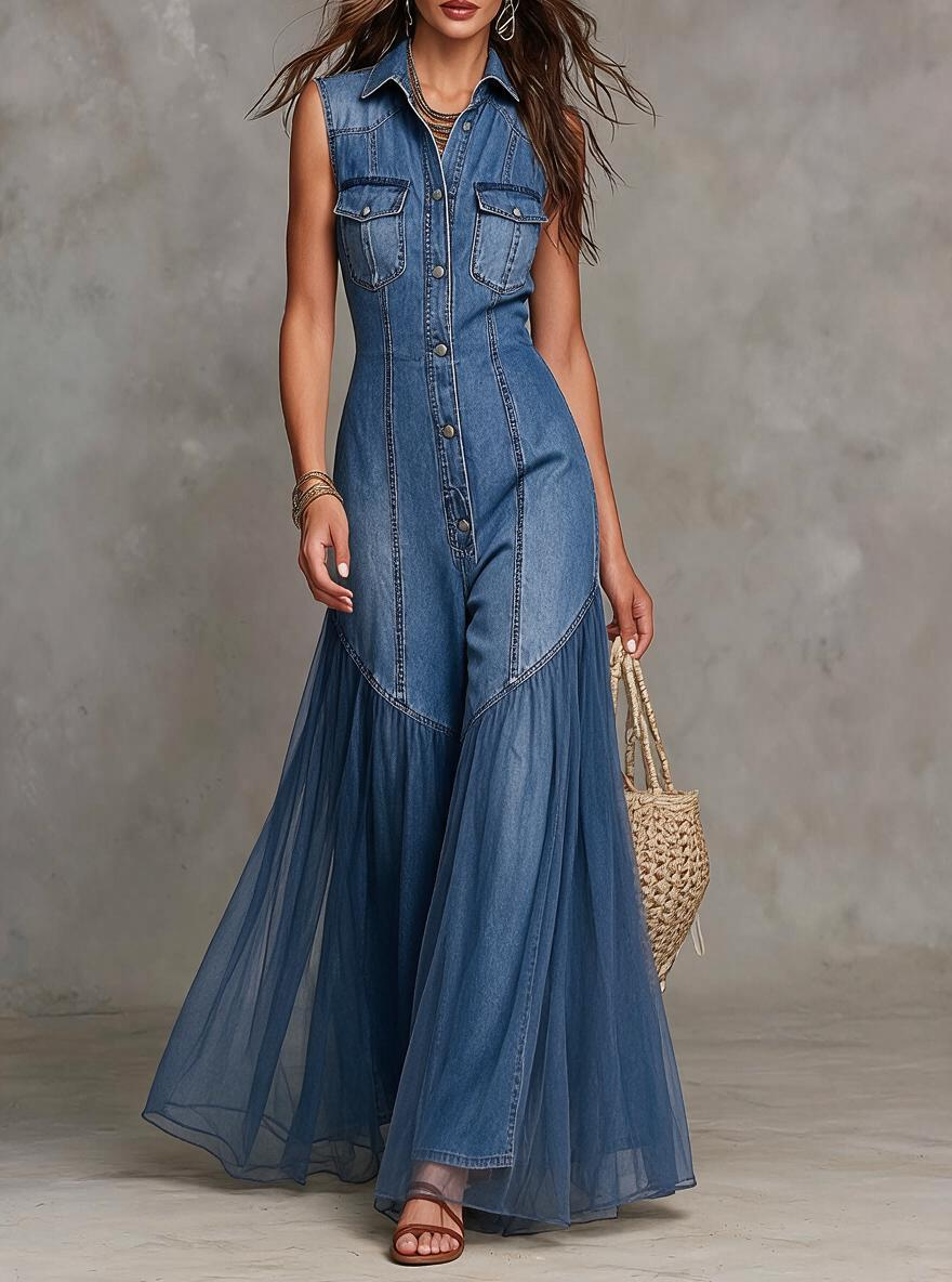 Denim Sleeveless Sheer Panel Wide-Leg Jumpsuit