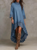 Blue Denim High-Low Lace Trim Dress