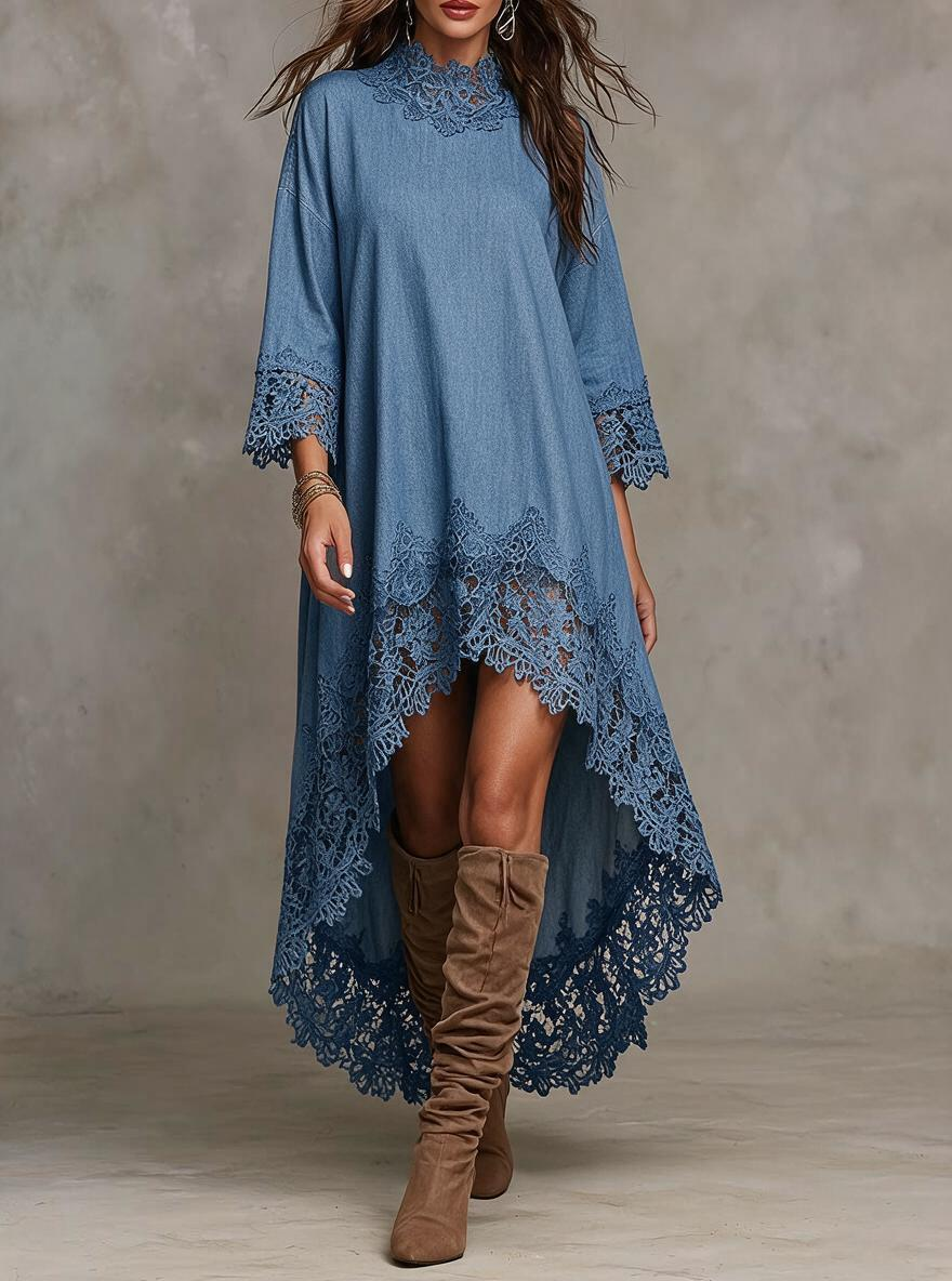 Blue Denim High-Low Lace Trim Dress