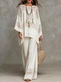 White Crochet Panel Poncho And Pants Set