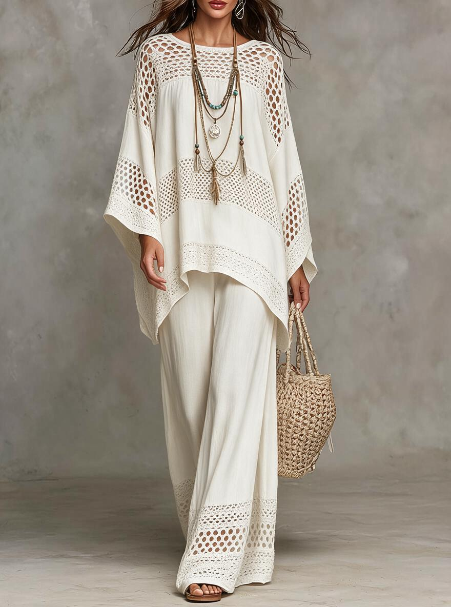 White Crochet Panel Poncho And Pants Set