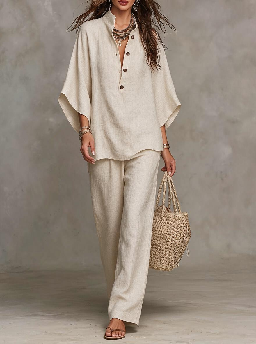 Beige Linen Button-Front Relaxed Two-Piece Set