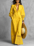 Yellow Eyelet Detail Long Sleeve Maxi Shirt Dress
