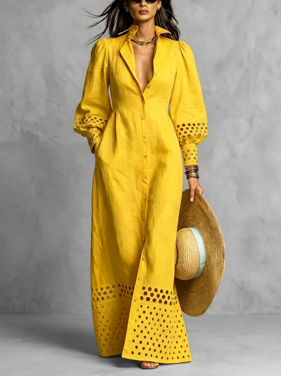 Yellow Eyelet Detail Long Sleeve Maxi Shirt Dress