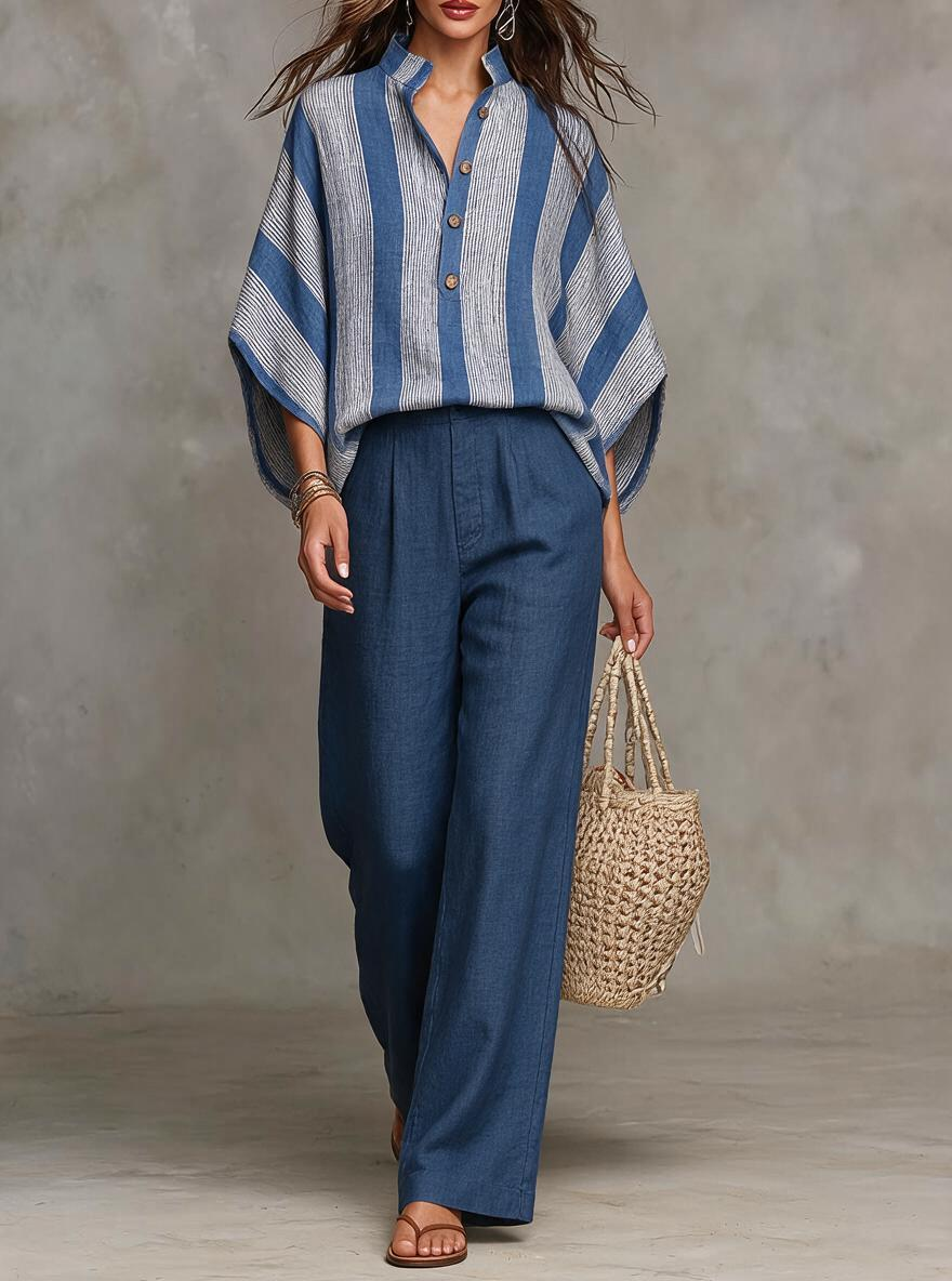 Blue Stripe High-Low Tunic And Wide-Leg Pants Set