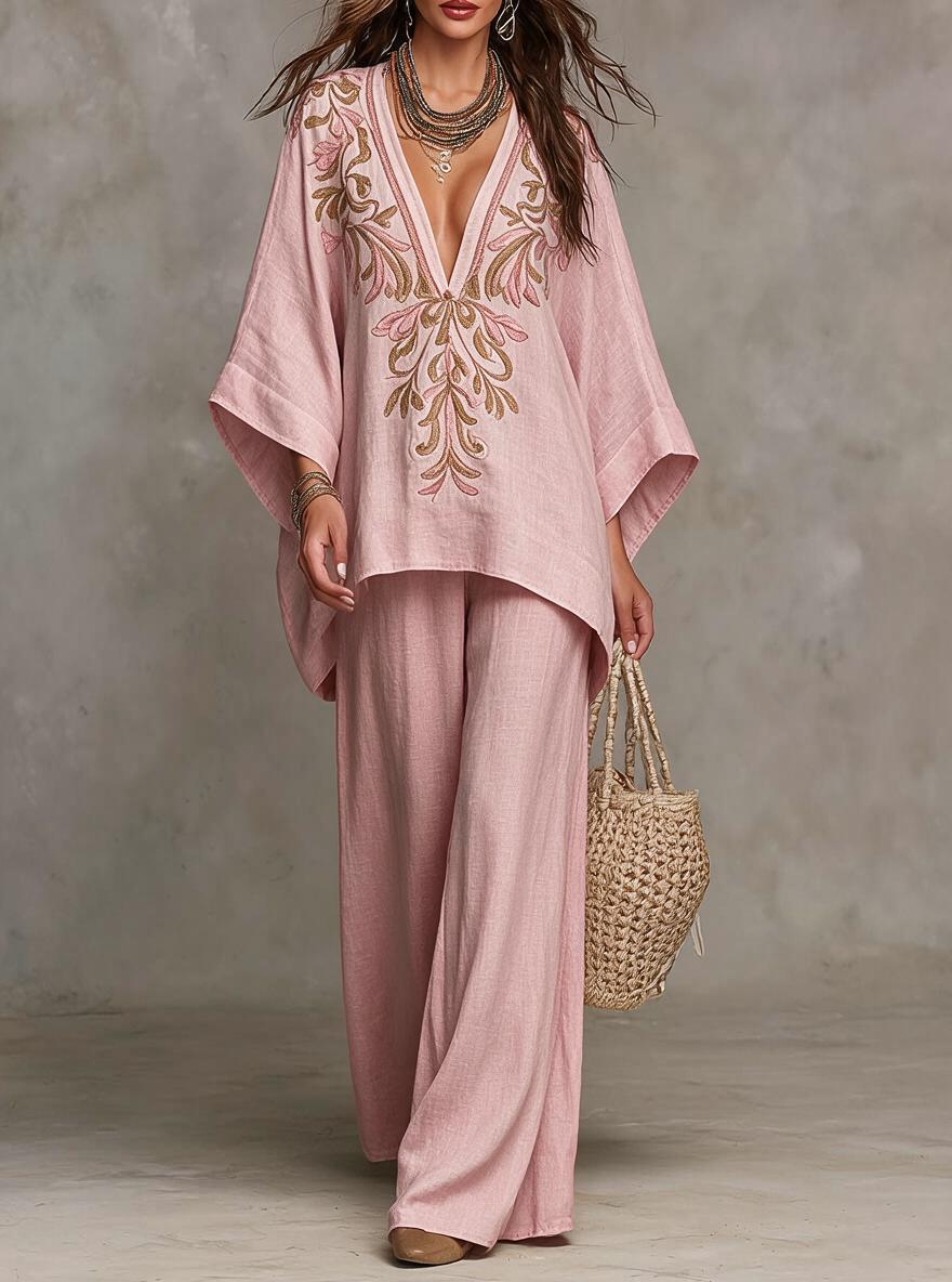 Dusty Pink Embroidered Flowy Tunic And Pants Set