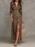 Sheer Sleeve Leopard Print Button-Down Maxi Dress