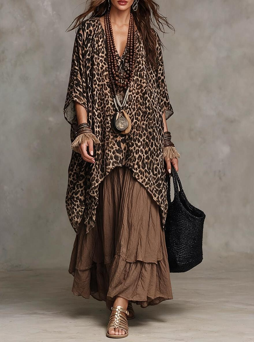 Brown Leopard Print Tunic And Tiered Skirt Set