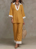 Mustard Yellow Color-Block Linen Two-Piece Set