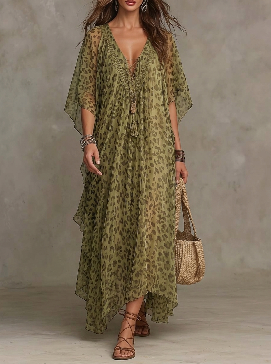 Olive Green Leopard Print Flowy Maxi Dress