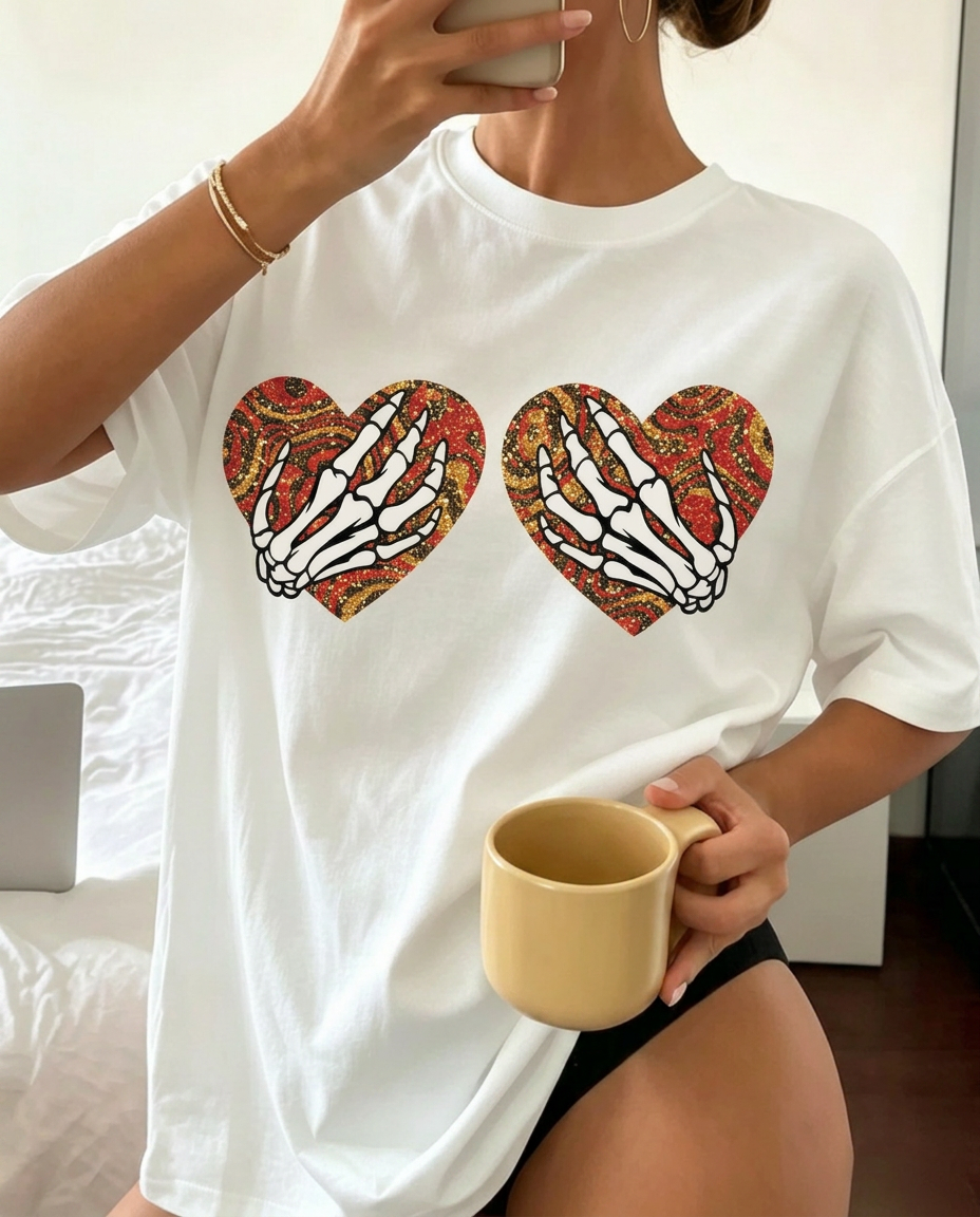 Glitter Skeleton Hands Heart Oversized Tee