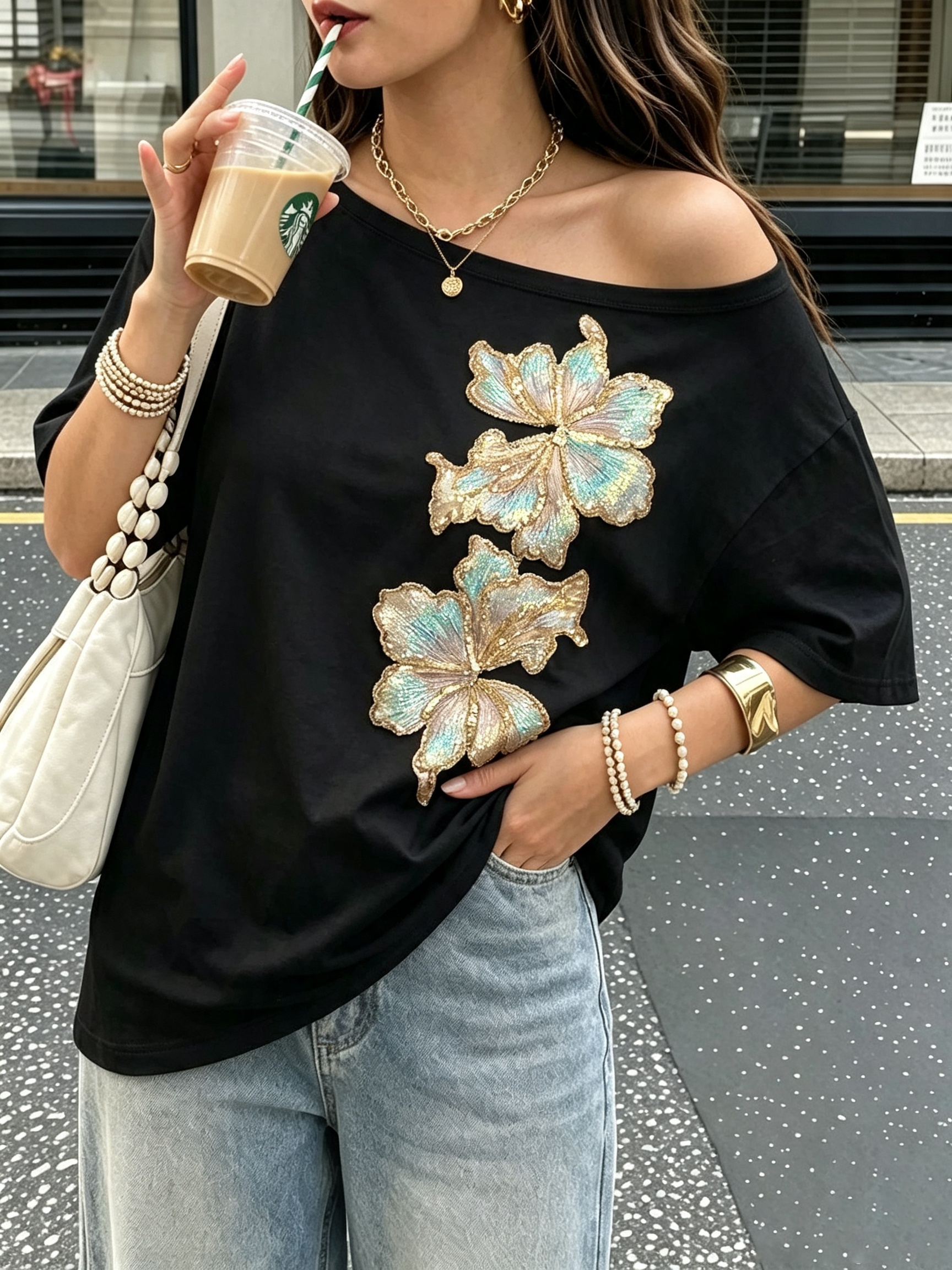 Sequin Butterfly Off-Shoulder Top