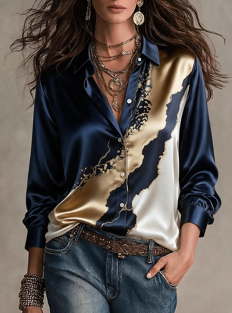 Navy And Gold Abstract Marble Satin Shirt