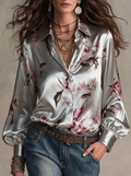 Silver Floral Print Satin Shirt