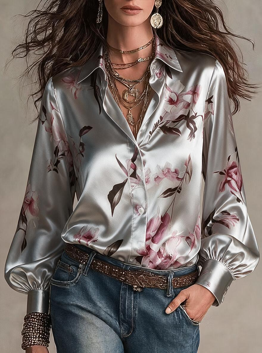 Silver Floral Print Satin Shirt