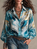Teal Gold Marble Print Satin Shirt