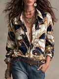 Navy Equestrian Print Satin Shirt