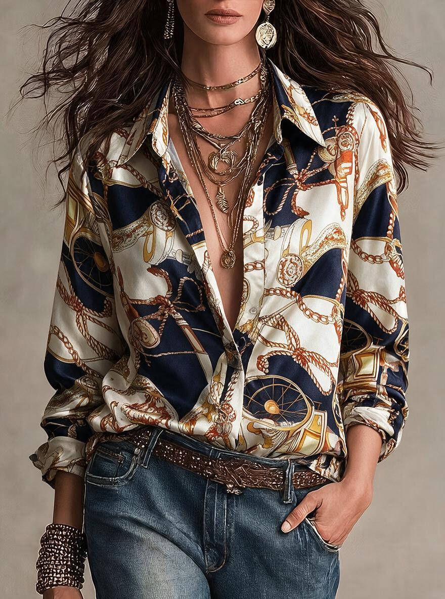 Navy Equestrian Print Satin Shirt