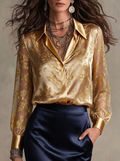 Gold Sheer Floral Embroidered Satin Shirt