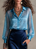 Blue Science Print Sheer Satin Shirt