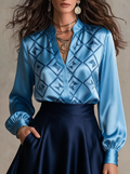 Blue Geometric Print Band Collar Satin Shirt