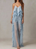 Light Blue Sheer Ruffle Halter Jumpsuit