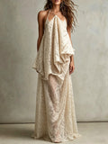 Cream Lace Halter Draped Maxi Dress